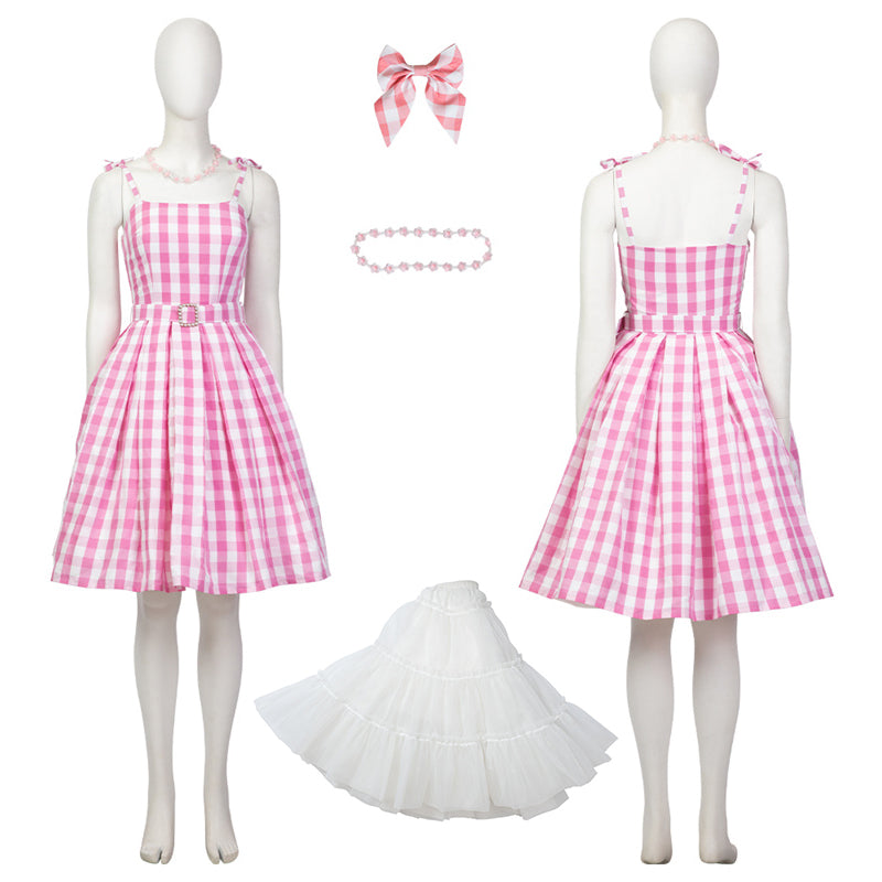 Barbie Movie Margot Robbie Cosplay Costume Barbie Pink Gingham Dress With Bustle