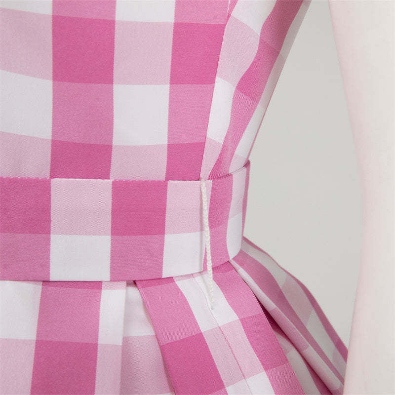 Barbie Movie Margot Robbie Cosplay Costume Barbie Pink Gingham Dress With Bustle