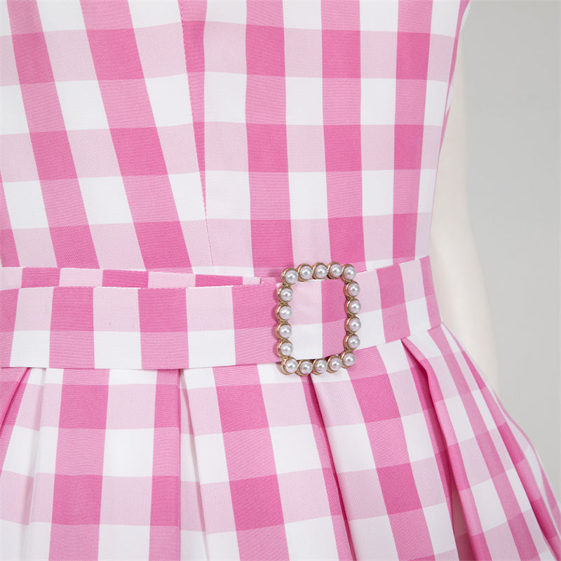 Barbie Movie Margot Robbie Cosplay Costume Barbie Pink Gingham Dress With Bustle