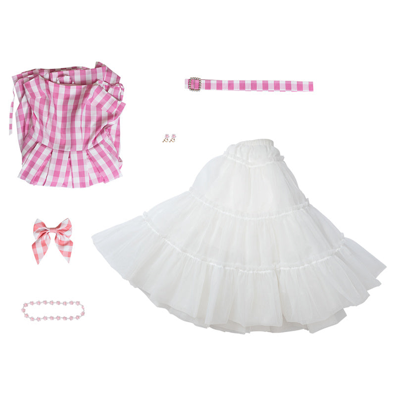 Barbie Movie Margot Robbie Cosplay Costume Barbie Pink Gingham Dress With Bustle
