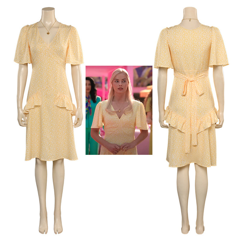 2023 Barbie Movie Margot Robbie Halloween Costume Barbie Yellow Flounced Dress With Necklace