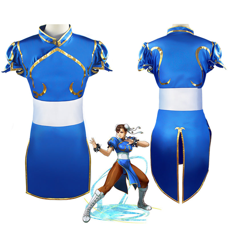 Street Fighter Chun Li Cosplay Costume Blue Cheongsam Dress Halloween Carnival Suit
