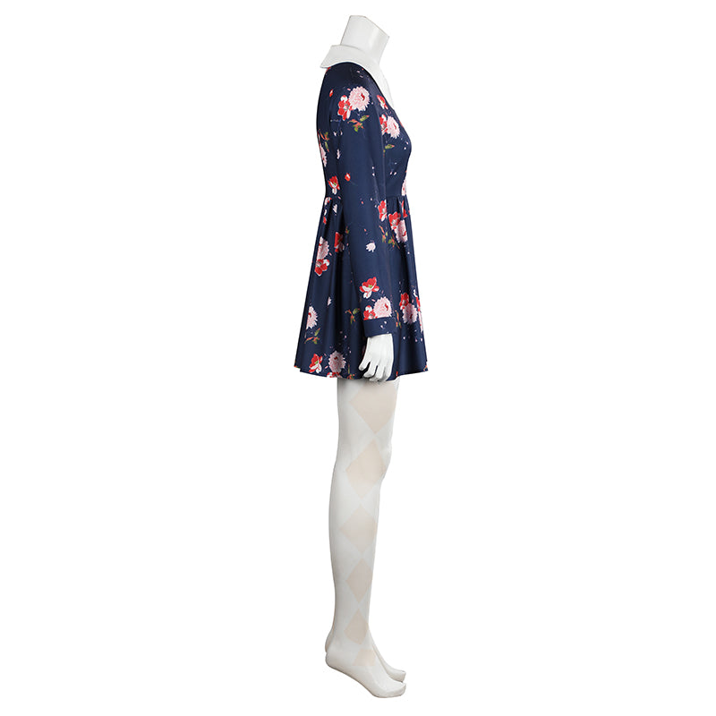 Harley Quinn Lady Gaga Dress Joker 2 Harley Cosplay Costume Blue Floral Dress