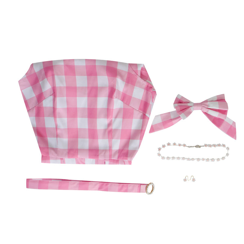 2023 Movie Barbie Cosplay Margot Robbie Barbie Cosplay Costume Pink Plaid Dress