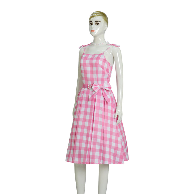 2023 Movie Barbie Cosplay Margot Robbie Barbie Cosplay Costume Pink Plaid Dress