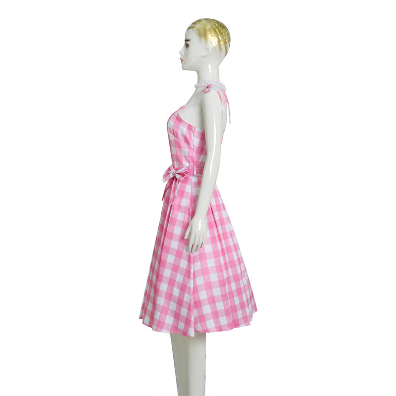 2023 Movie Barbie Cosplay Margot Robbie Barbie Cosplay Costume Pink Plaid Dress