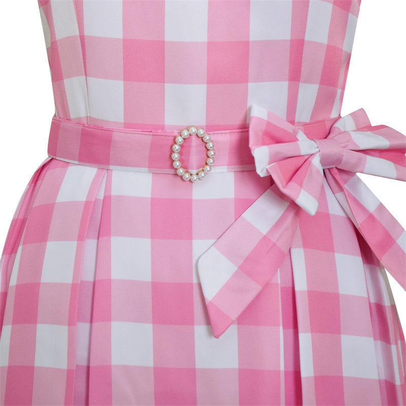 2023 Movie Barbie Cosplay Margot Robbie Barbie Cosplay Costume Pink Plaid Dress