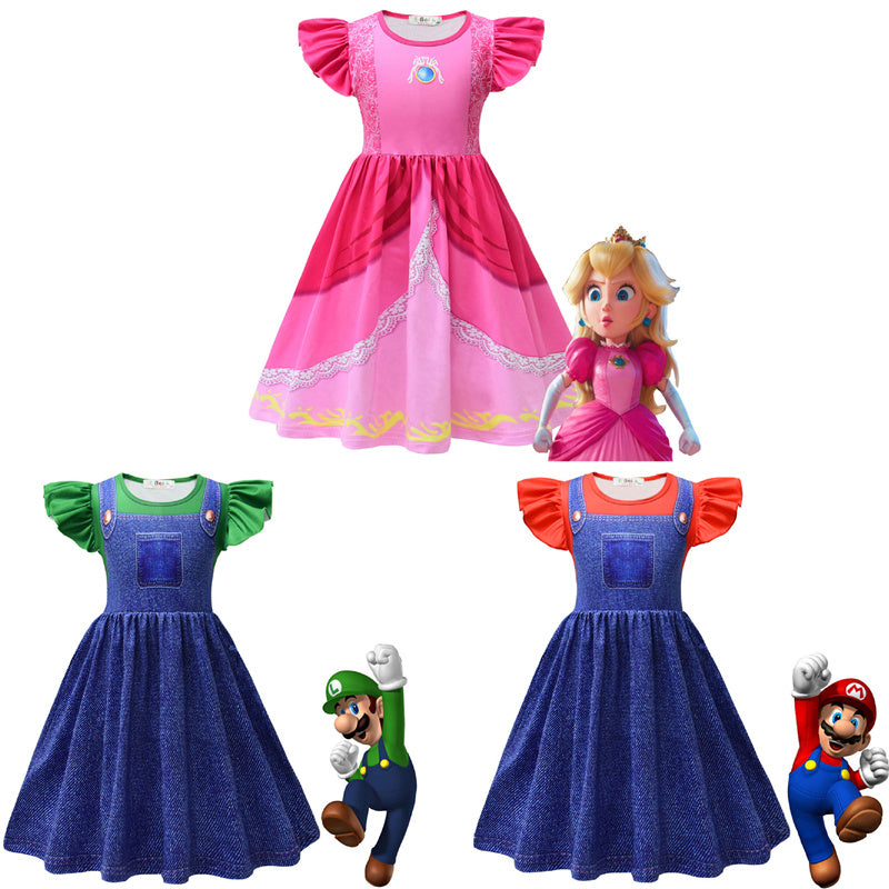 The Super Mario Cosplay Costume Mario Bros. Suit Peach Princess Dress