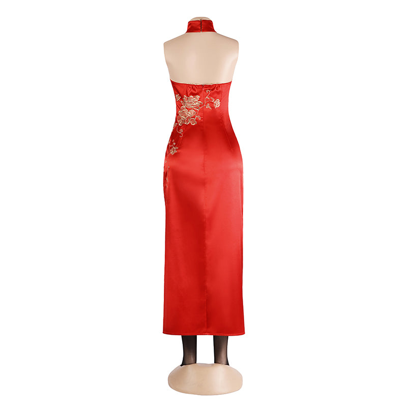 Resident Evil 4 Ada Wong Cosplay Costume Embroidered Cheongsam Style Red  Dress