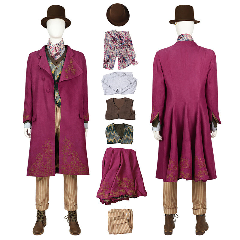 Wonka 2023 Willy Wonka Cosplay Costume Chocolate Factory Timothee Chalamet Coat Outfit Halloween Suit
