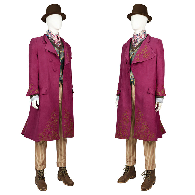 Wonka 2023 Willy Wonka Cosplay Costume Chocolate Factory Timothee Chalamet Coat Outfit Halloween Suit