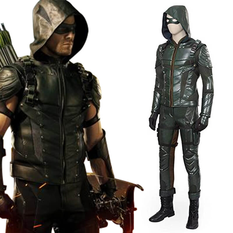 Men Archer Green Arrow Oliver PU Leather Battle Suit Halloween Cosplay Costume - ACcosplay
