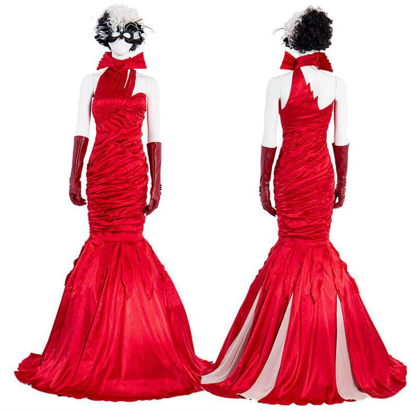 2021 Cruella Red Dress Cosplay Cruella de Vil Emma Stone Costumes Outfit, Female / S / Full Set + Wigs