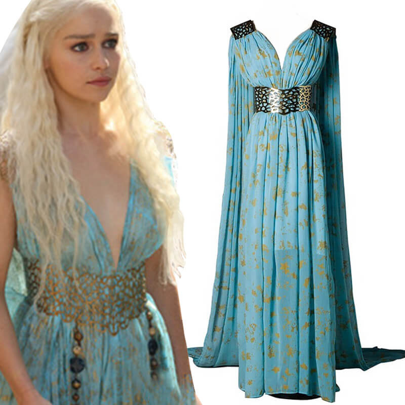 Game of Thrones Queen Daenerys Targaryen Cospaly Blue Long Dress Cape Costume - ACcosplay