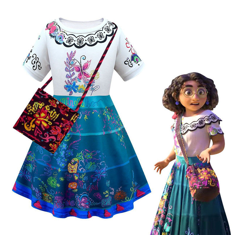GoodGoods Kids Girls Encanto Mirabel Cosplay Dress With Bag Halloween Carnival Suit (7-8 Years)