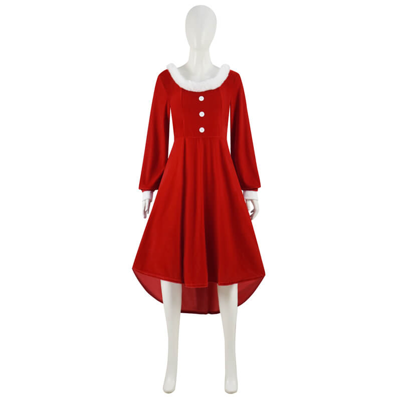 ACcosplay Women Christmas Dress Faux Warm Dress Long Sleeves Round Collar Red Dress