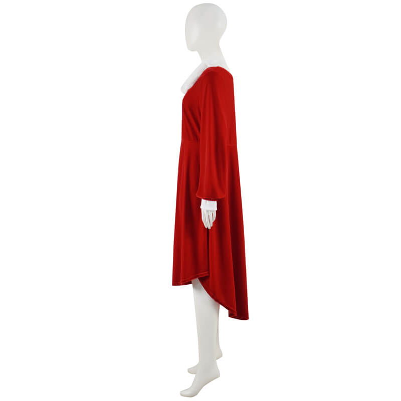ACcosplay Women Christmas Dress Faux Warm Dress Long Sleeves Round Collar Red Dress