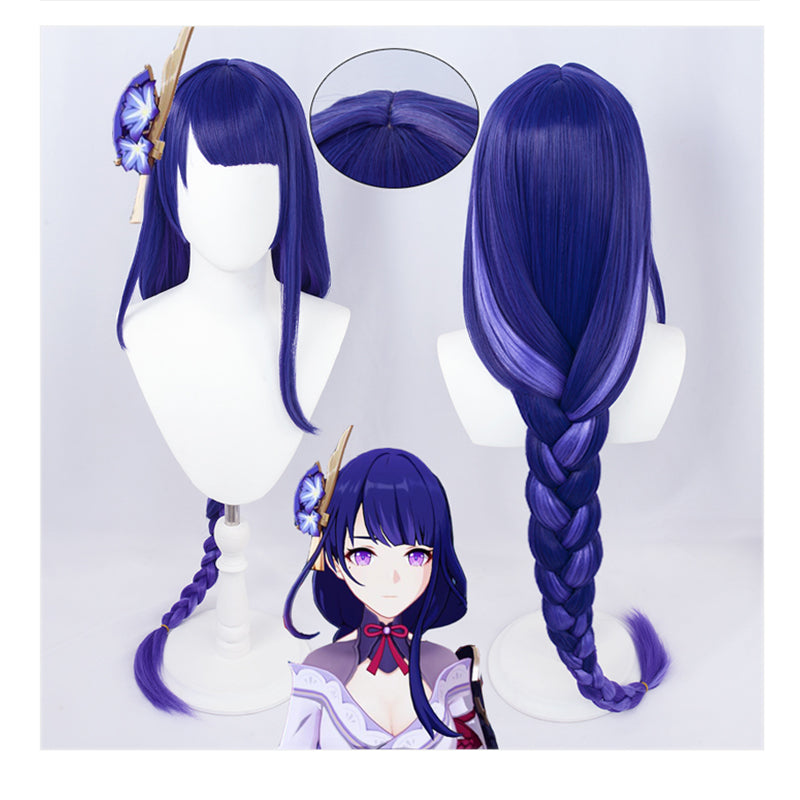 Genshin Impact Raiden Shogun Cosplay Baal Wig Purple Blue Mixed Color Braids Ponytail