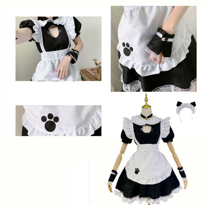 Cat Maid Cosplay Costume Lolita Dress Halloween Uniform Chest Cut Out Full set