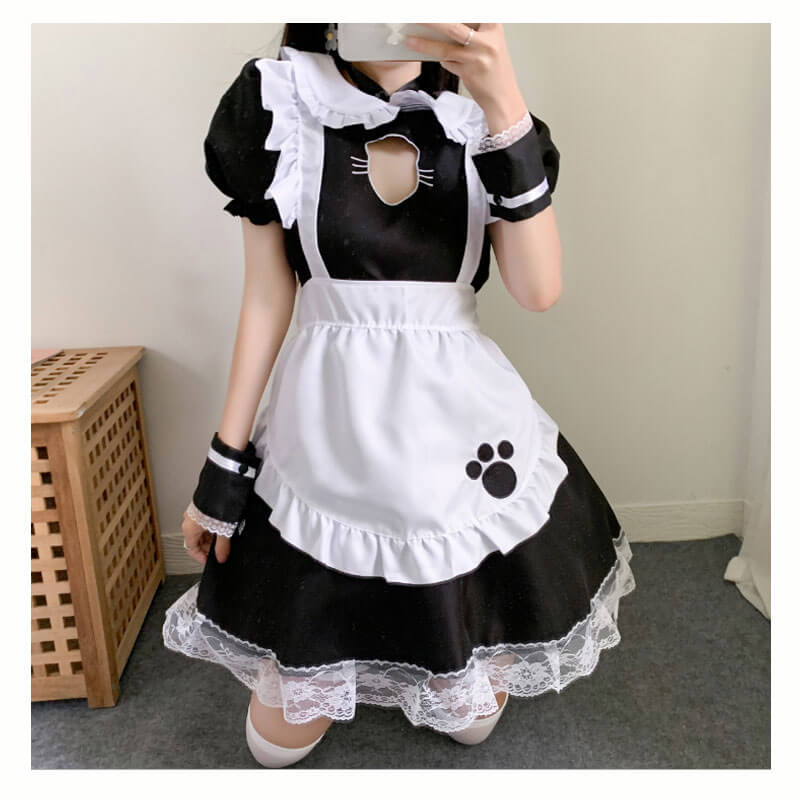 Cat Maid Cosplay Costume Lolita Dress Halloween Uniform Chest Cut Out Full set
