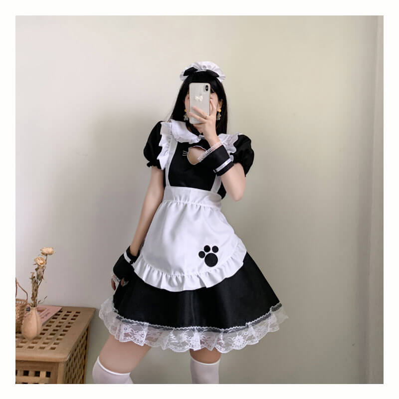 Cat Maid Cosplay Costume Lolita Dress Halloween Uniform Chest Cut Out Full set