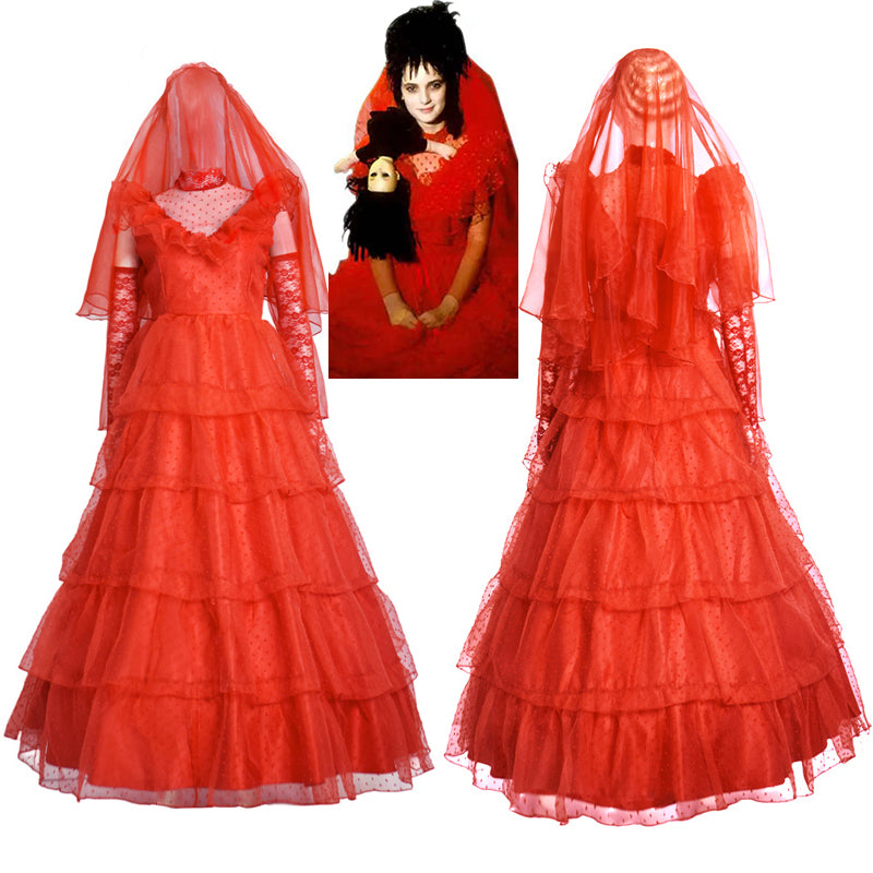 BeetleJuice The Maitlands Lydia Deetz Cosplay Costume Red Wedding Dress Halloween Party Suit