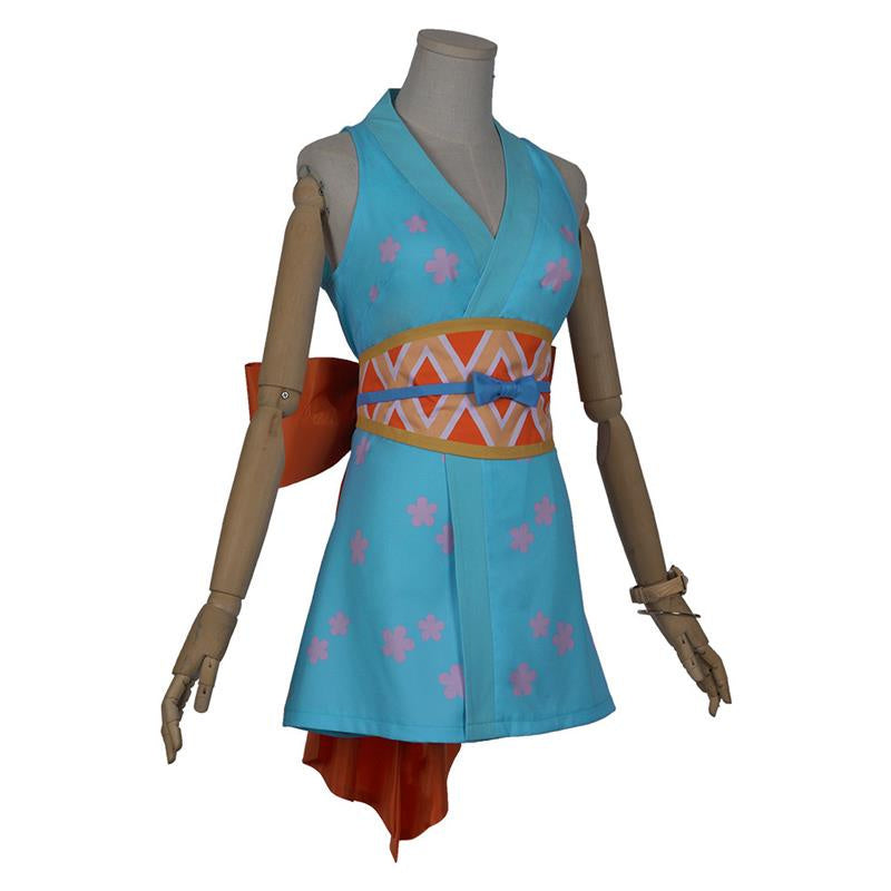 One Piece Nami Cosplay Costume Wanokuni Style Blue Kimono Dress Halloween Outfits, L