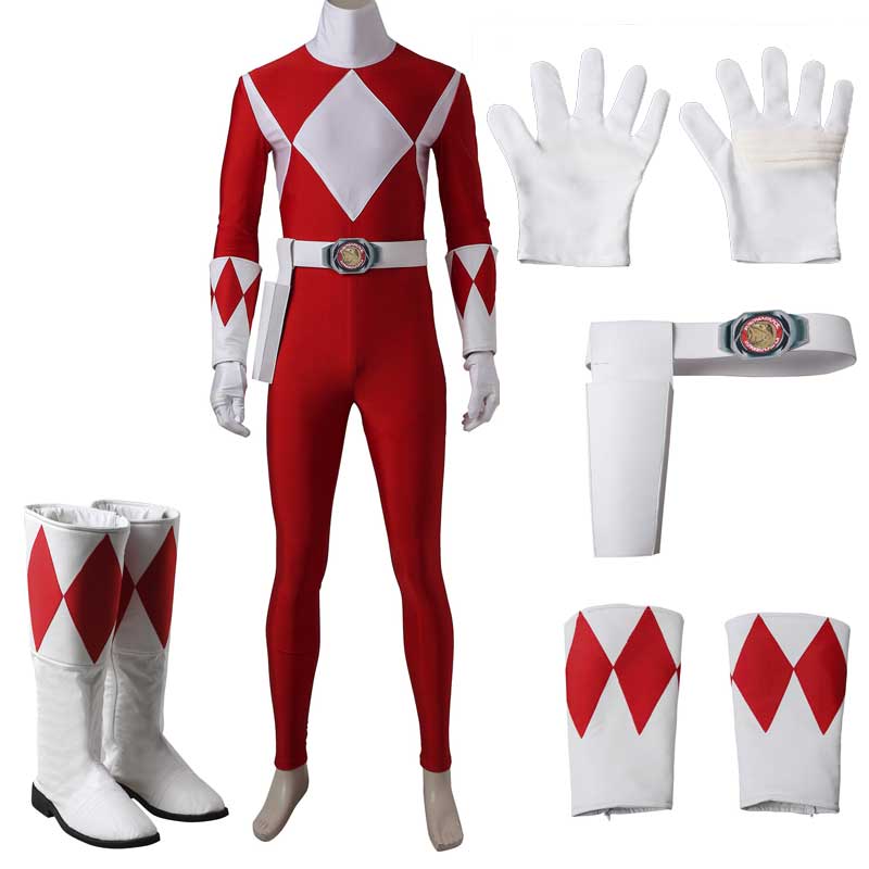 Power Rangers Costume Mighty Morphin Red Ranger Onesies Jumpsuit Zentai Bodysuit Boots Cosplay Adult
