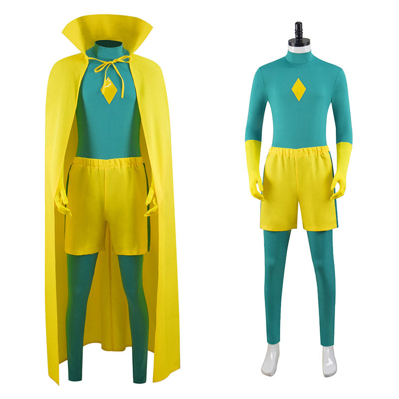 WandaVision Vision Cosplay Costume Men Green Jumpsuit Yellow Cape