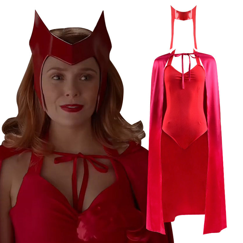 WandaVision Scarlet Witch Halloween Costume Wanda Maximoff Cosplay Red Jumpsuit Bodysuit