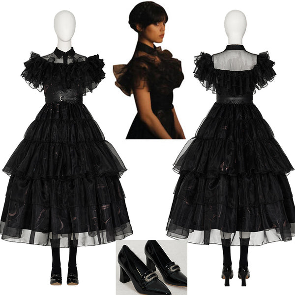 Wednesday Addams Dance Dress Wednesday Black Lace Dress Wednesday Family Cosplay Costume Full Set, XL / Full Set / Female