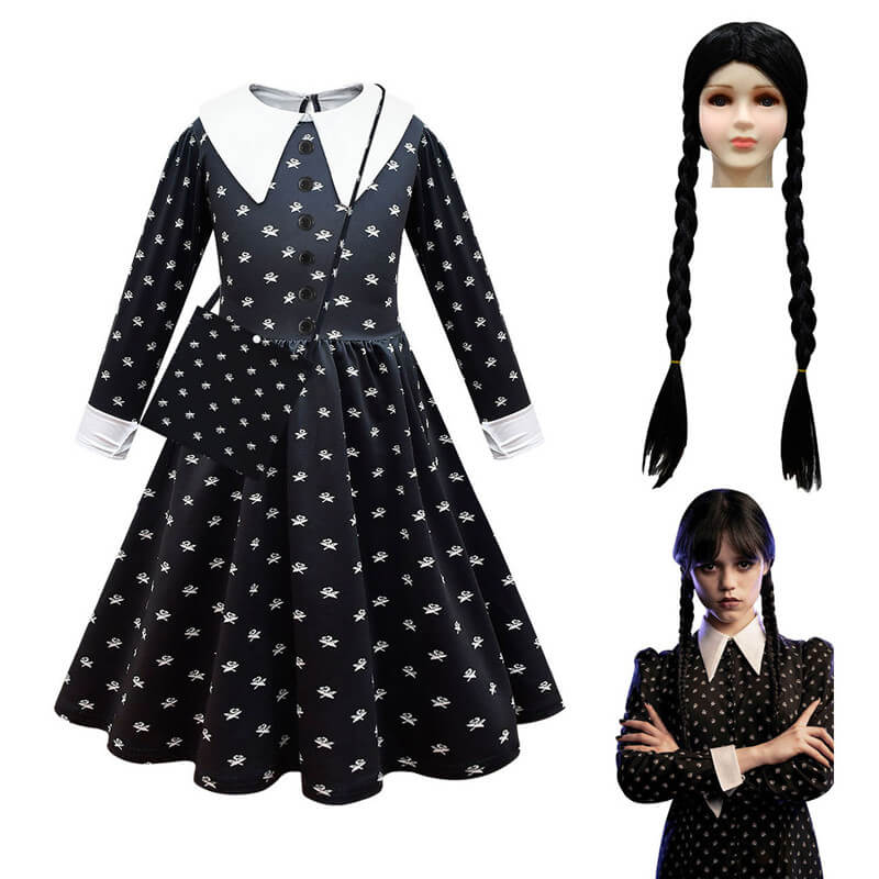 Girls Wednesday Addams Dress Wednesday Cosplay Wig Kids Wednesday Dress with Bag