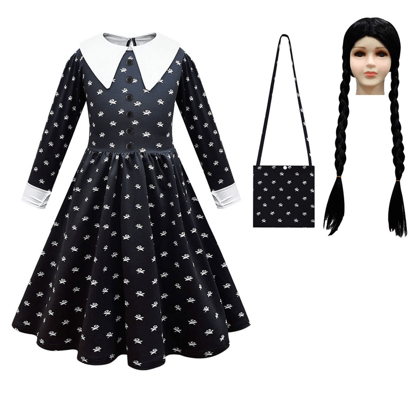 Girls Wednesday Addams Dress Wednesday Cosplay Wig Kids Wednesday Dress with Bag