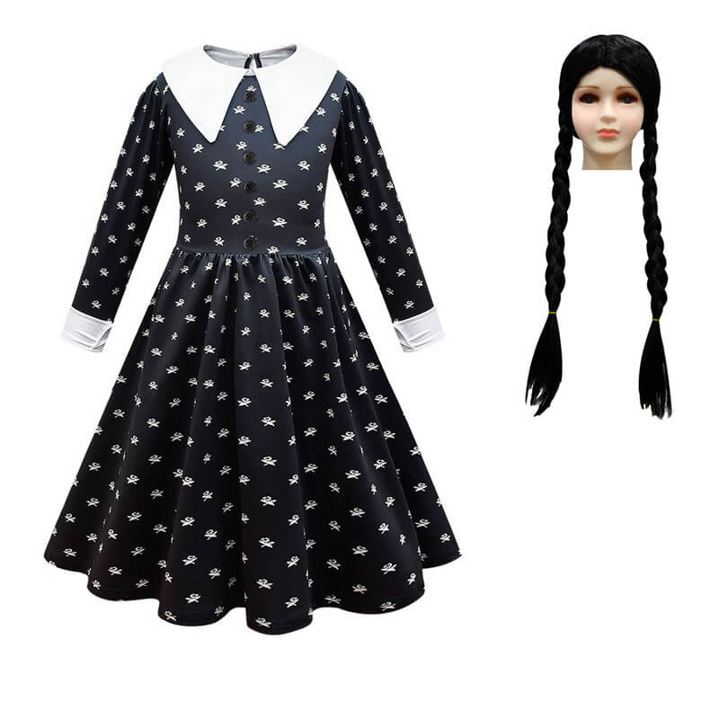 Girls Wednesday Addams Dress Wednesday Cosplay Wig Kids Wednesday Dress with Bag